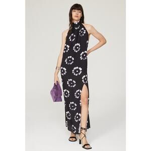 Busayo Collective Hibiscus Floral Print Black Halter Tie Neck Maxi Dress Size XS